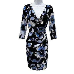 Lauren Ralph Lauren Midi Dress 8 Black Blue Floral Stretch Ruched Pull On Lined